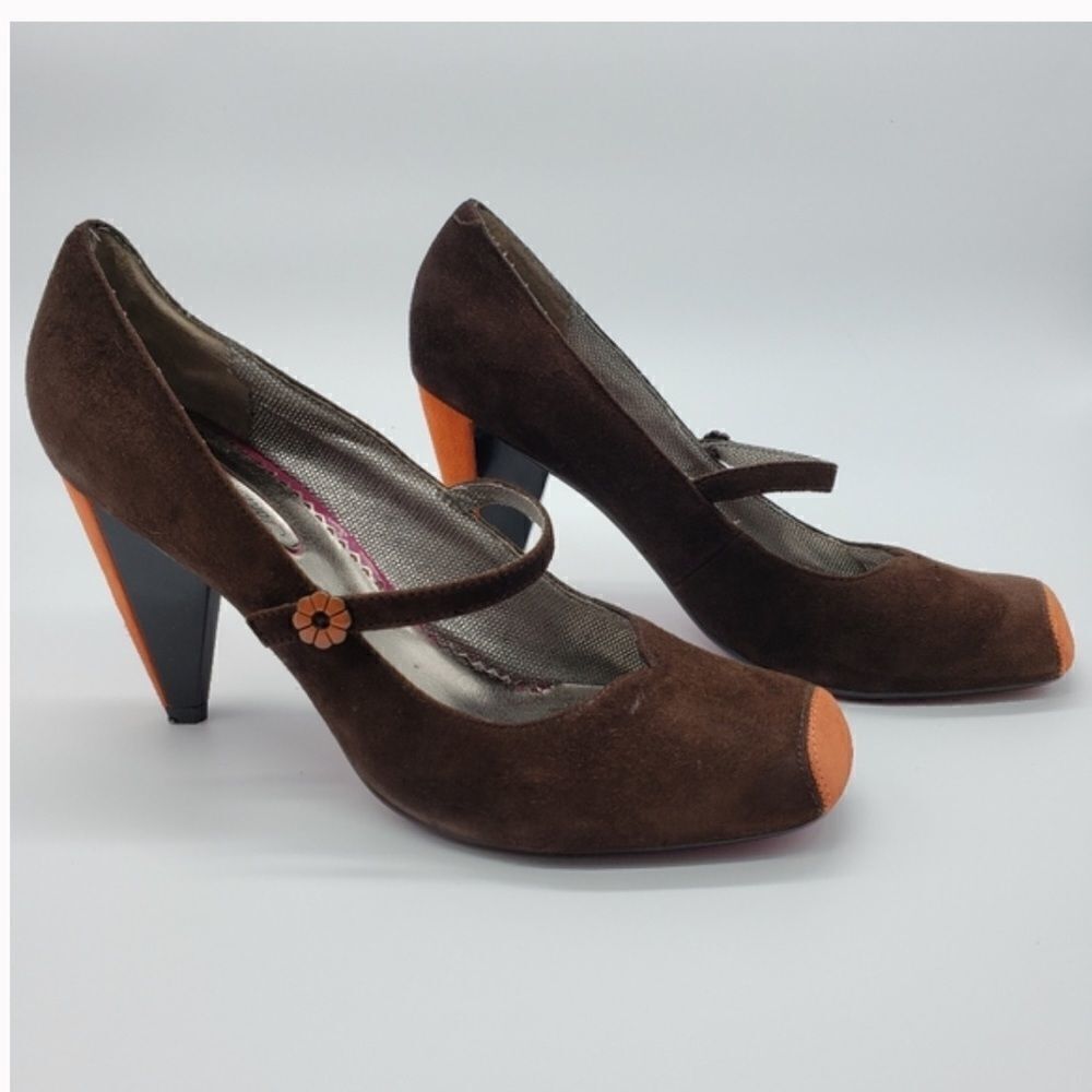 Poetic License First Look Mary Jane Suede Brown and Orange Heel Pump, 9 1/2